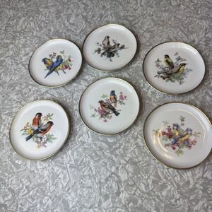 Vintage AK Kaiser West Germany Set  of 6 Bird Mini Plates Coasters 4" Gold Trim